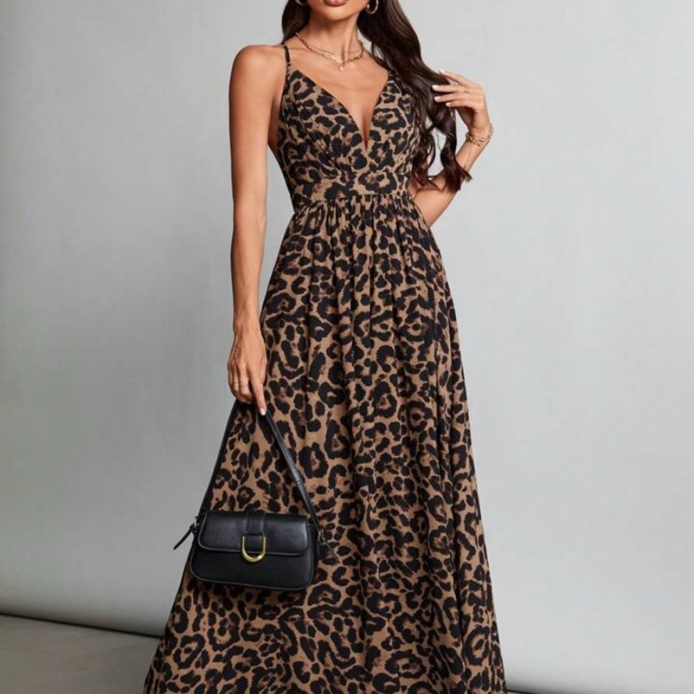 SHEIN Black and Brown Plunge Maxi Sundress